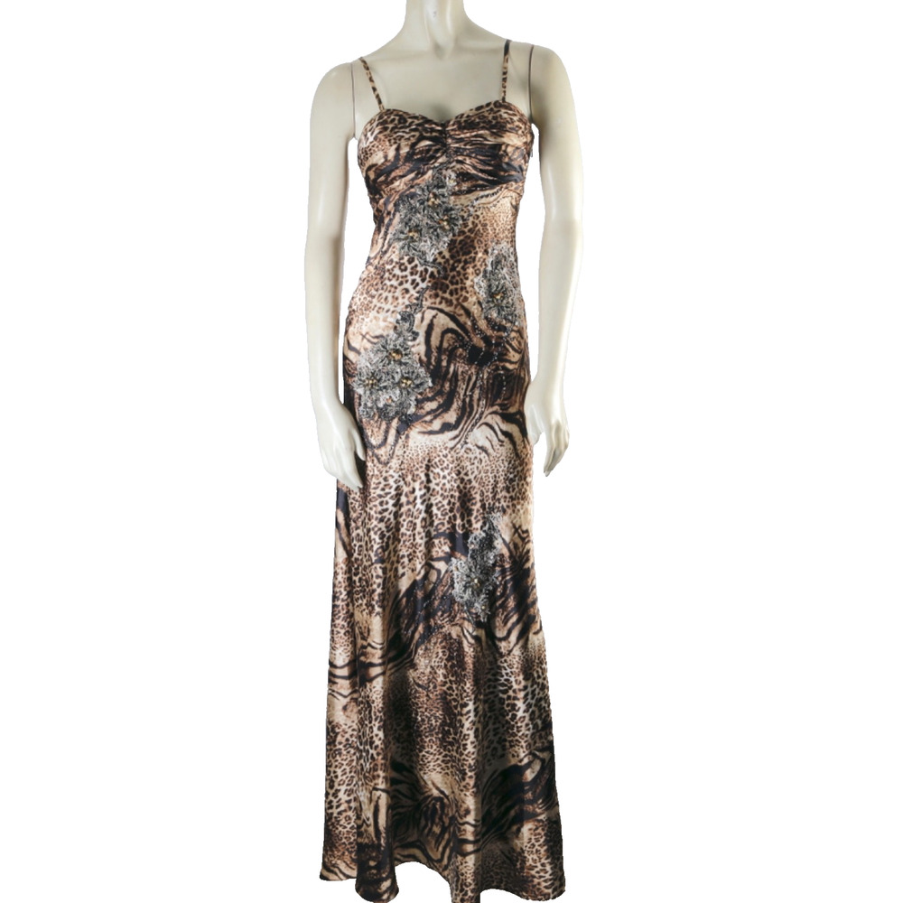 VTG Atelier Alyce Leopard Print Silk Maxi Dress Beaded Empire Waist Vintage Sz 2